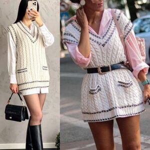 Zara Cream and Black V-Neck Sweater Vest